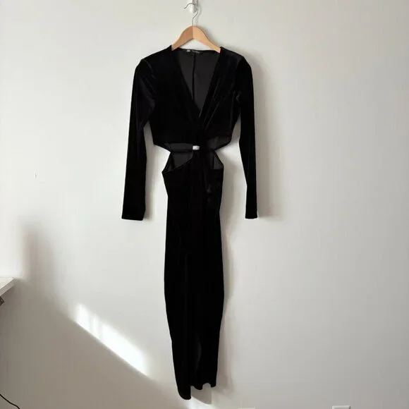 Zara Velvet Cut Out Midi Dress Black Blogger Fav Size Medium - Picture 5 of 8